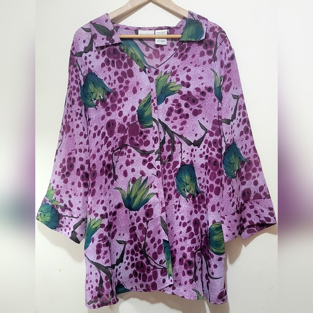 24w 22w Womens Plus Size White Stag Floral Print Blouse Top Like New T399